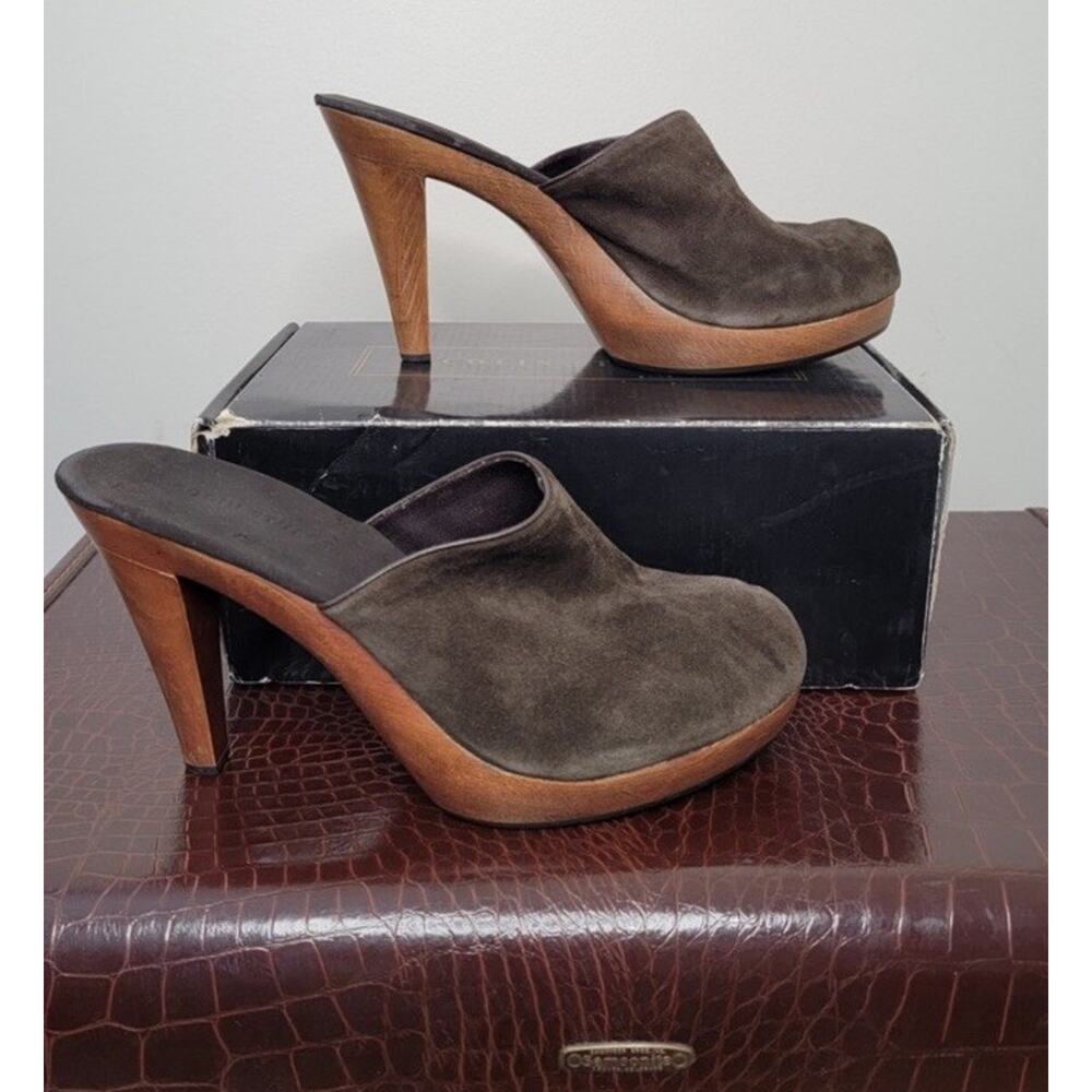 Colin Stuart Size 8 Dark Forest Green Leather Suede Wood Heel Clog Mule Y2K